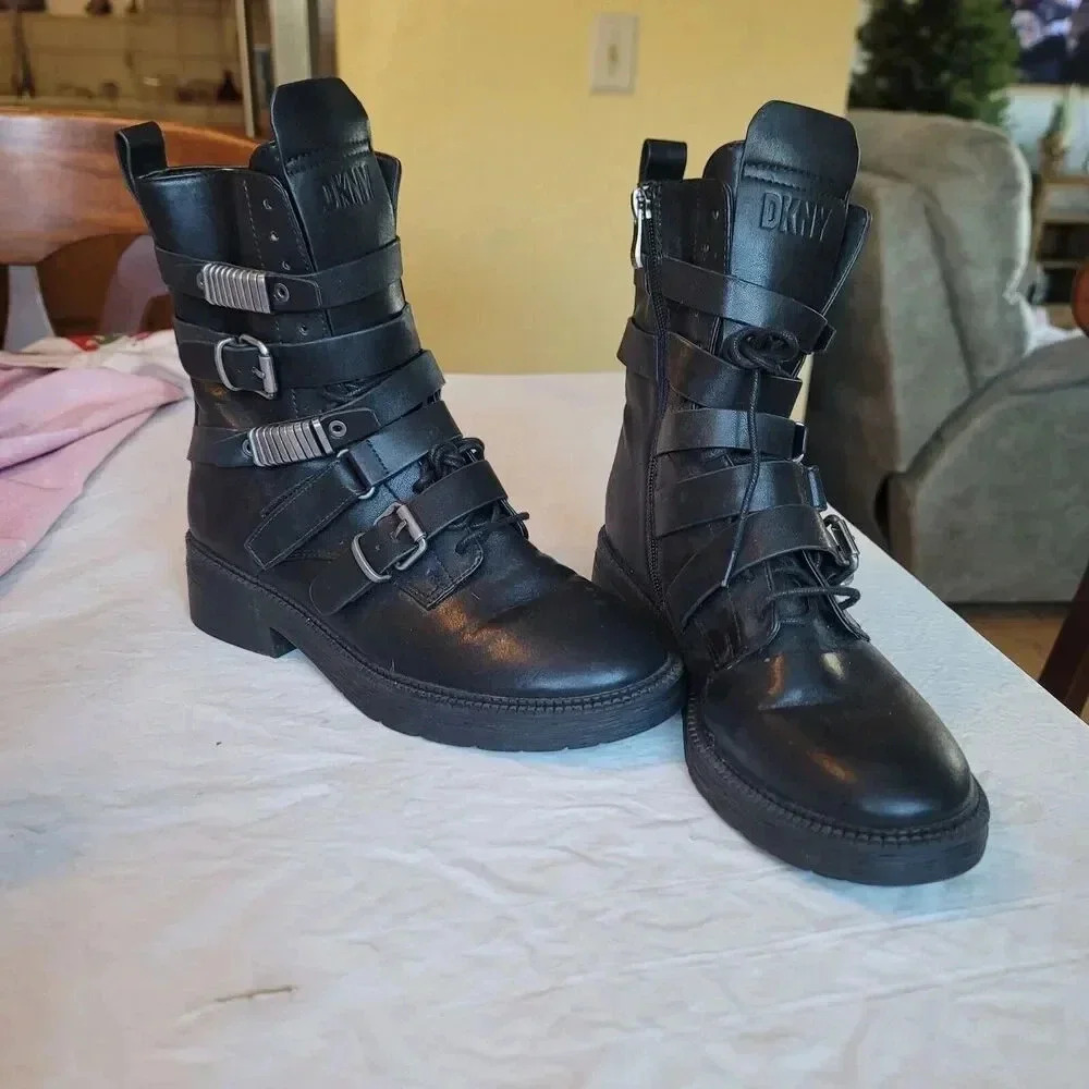 DKNY Ita  Leather Strappy Buckle Ankle Boots Shoes Women's Size 8 - Picture 6 of 13